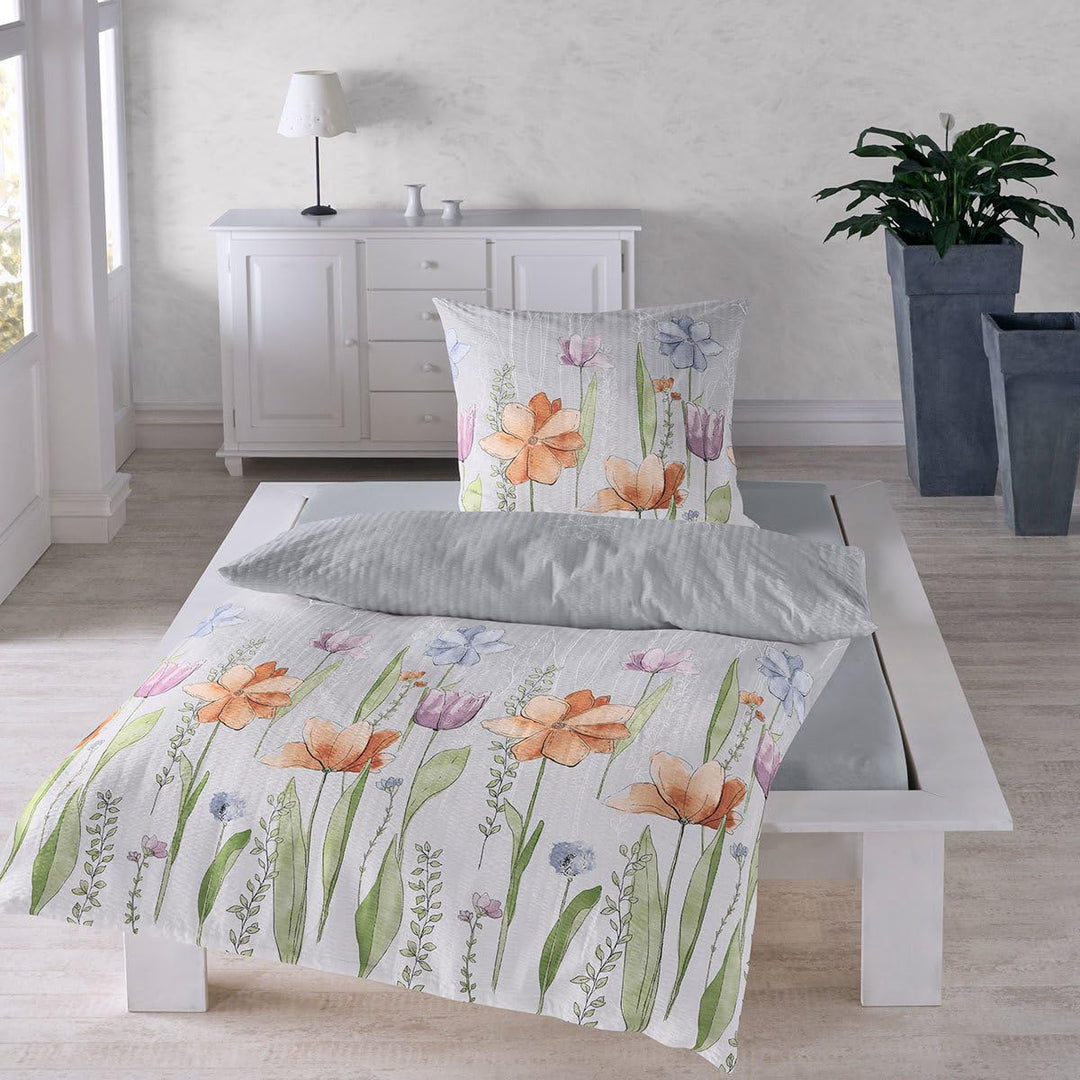 Traumschlaf Seersucker Bettwäsche Set • aus 100% Baumwolle in floralen Aquarell Blumen Muster • Büge