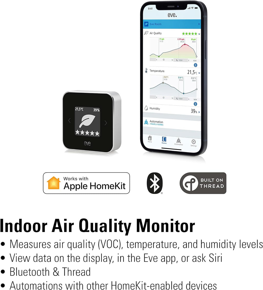 Eve Room - Raumluft-Qualitätssensor & Thermo - Smartes Heizkörperthermostat mit LED-Display, automat