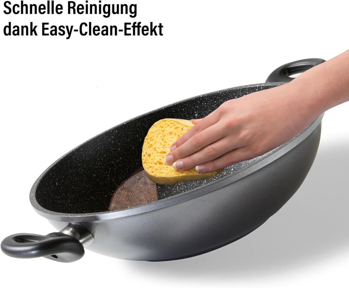 Stoneline Wok 28cm, mit Deckel, Aluguss, Wok Pfanne beschichtet mit echten Steinpartikeln, grau, ohn