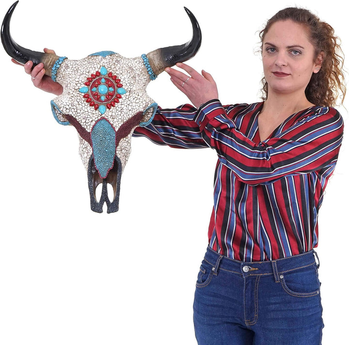 Mendler Deko Kuhschädel HWC-D31, Stierkopf Bulle Tierkopf Kuhkopf Trophäe mit Mosaik, Polyresin 51x5