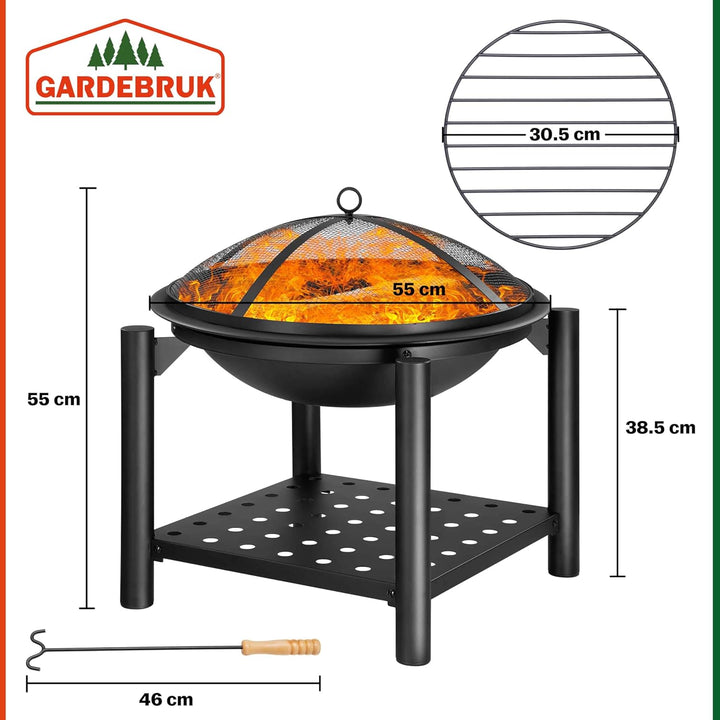 GARDEBRUK® Feuersschale mit Funkenschutz Rund Ø55cm Schürhaken Ablagefach Stahl Schwarz Terrasse Gar