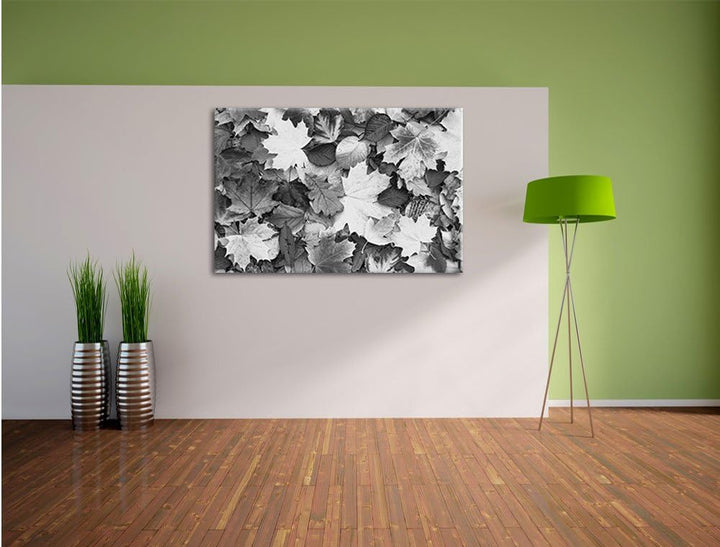 Herbstblätter Kunst B&W, Format: 100x70 auf Leinwand, XXL riesige Bilder fertig gerahmt mit Keilrahm