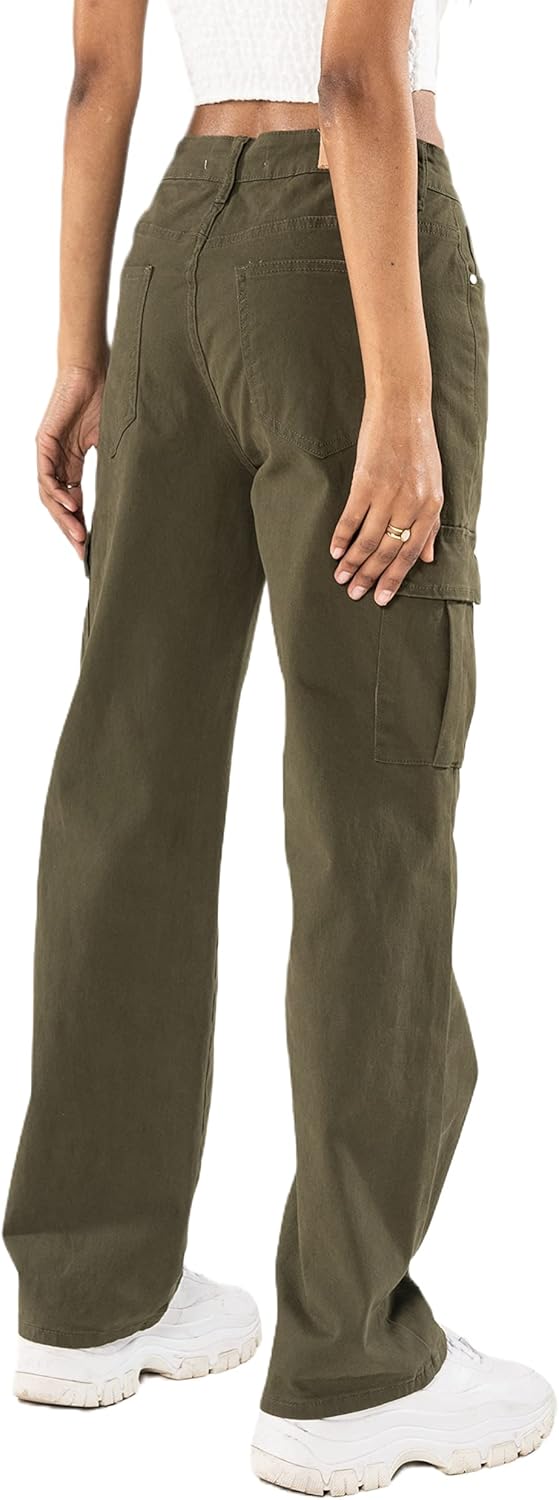 Nina Carter Q1885 Damen Cargo Jeans High Waist Cargohose Stretch Straight Leg Hose S Khaki (Q1885-2)