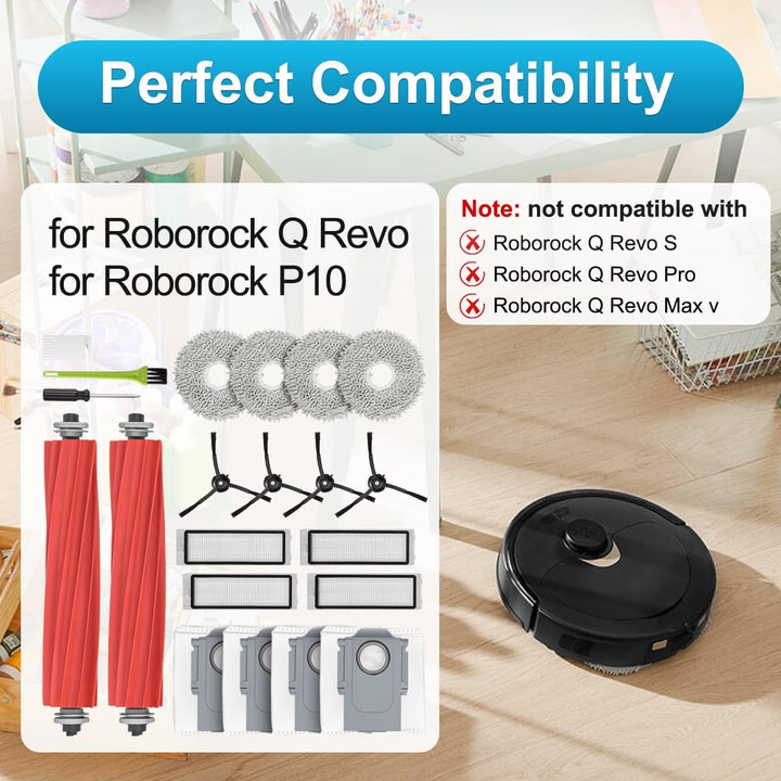 DrRobor Zubehörset für Roborock Q Revo, Ersatzteile Kit mit 2 Hauptbürste, 4 Wischpads, 4 Staubbeute