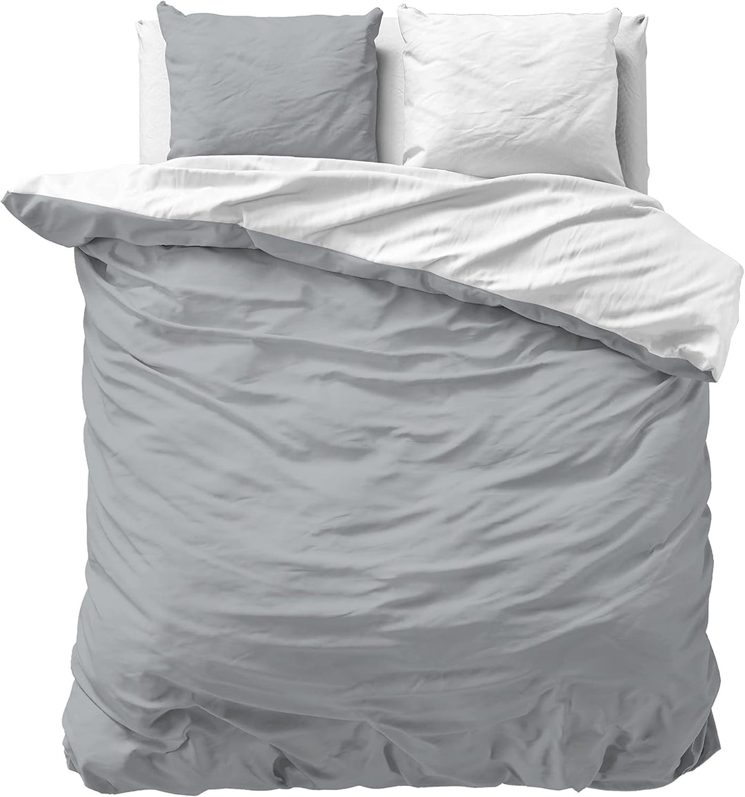Sleeptime 100% Baumwolle Bettwäsche 240cm x 220cm Weiss/Grau - weich & bügelfrei Bettbezüge mit Druc