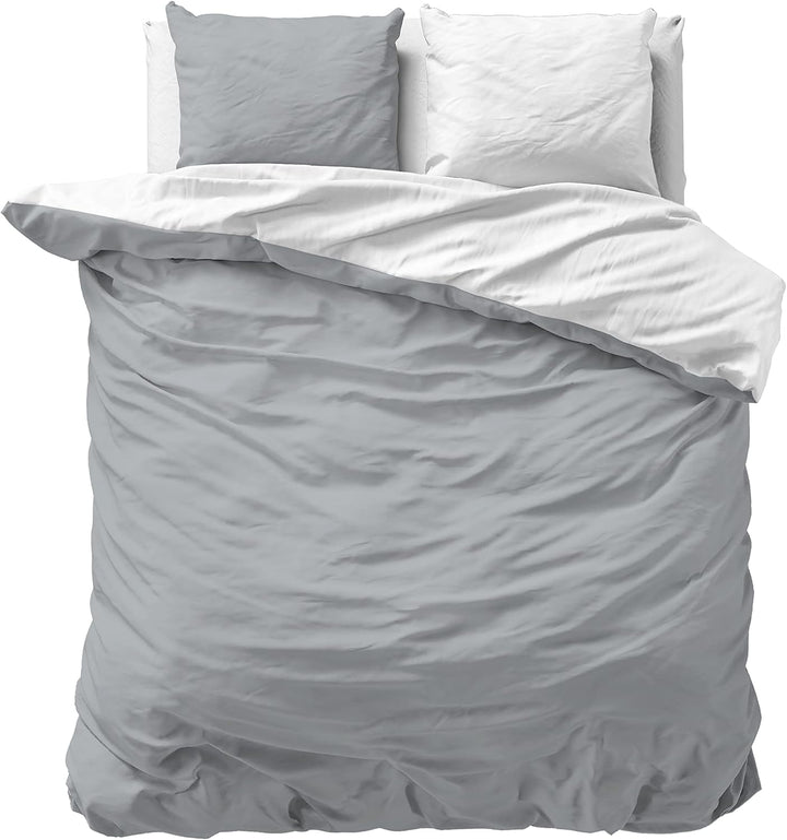 Sleeptime 100% Baumwolle Bettwäsche 240cm x 220cm Weiss/Grau - weich & bügelfrei Bettbezüge mit Druc