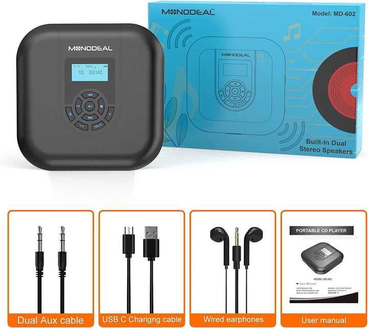 CD Player Tragbar, MONODEAL Tragbarer Bluetooth, Wiederaufladbar mit Lautsprecher und FM Transmitter