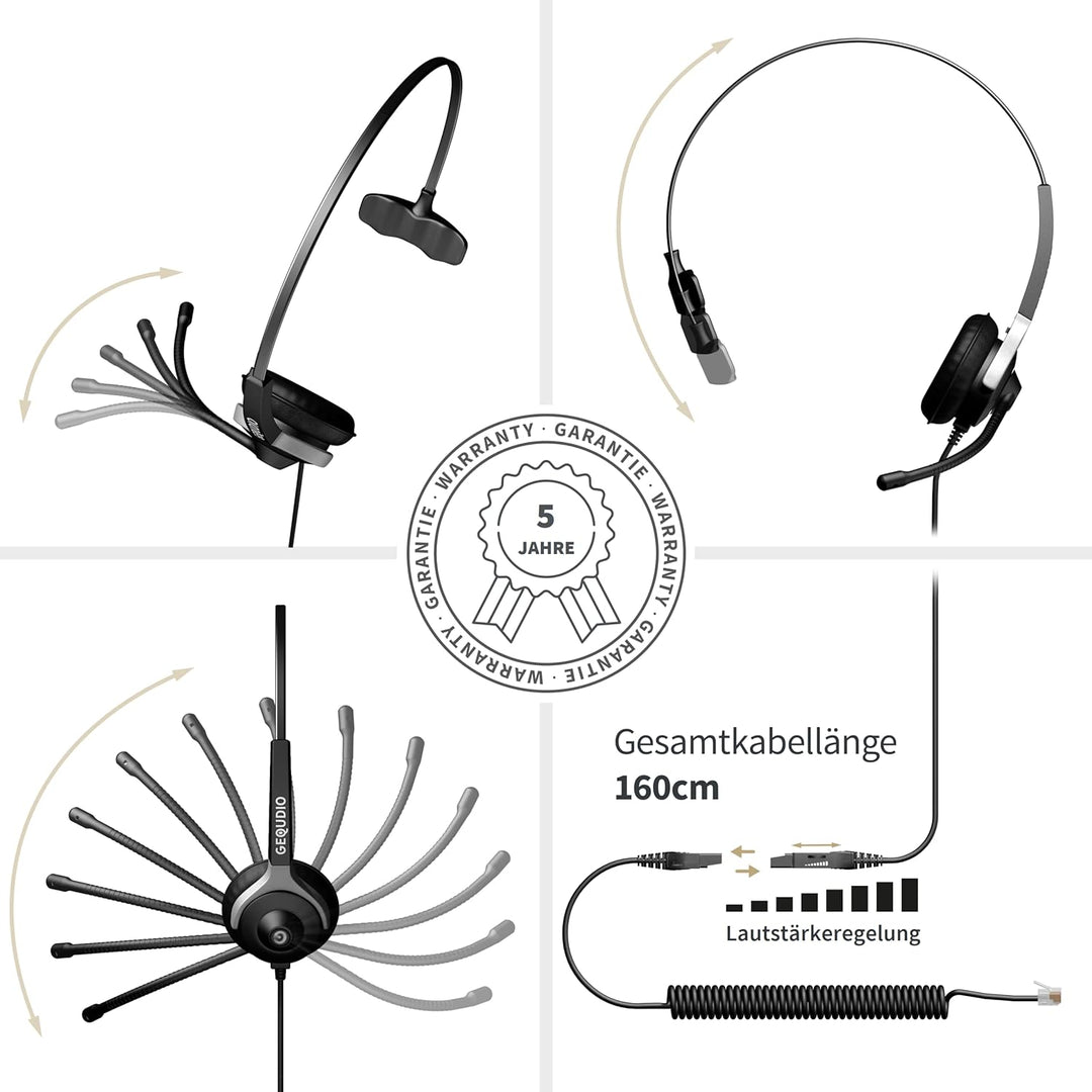 GEQUDIO Headset für GX3+ GX5+ und kompatibel mit Mitel, Aastra, Poly/Polycom und Gigaset-RJ Telefon