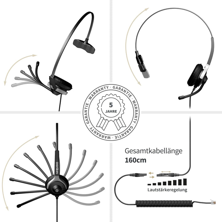GEQUDIO Headset für GX3+ GX5+ und kompatibel mit Mitel, Aastra, Poly/Polycom und Gigaset-RJ Telefon