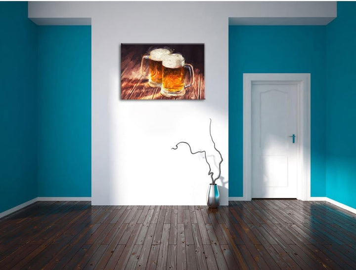 Pixxprint Zwei Masskrüge Bier Pinsel Effekt, Format: 100x70 auf Leinwand, 100x70