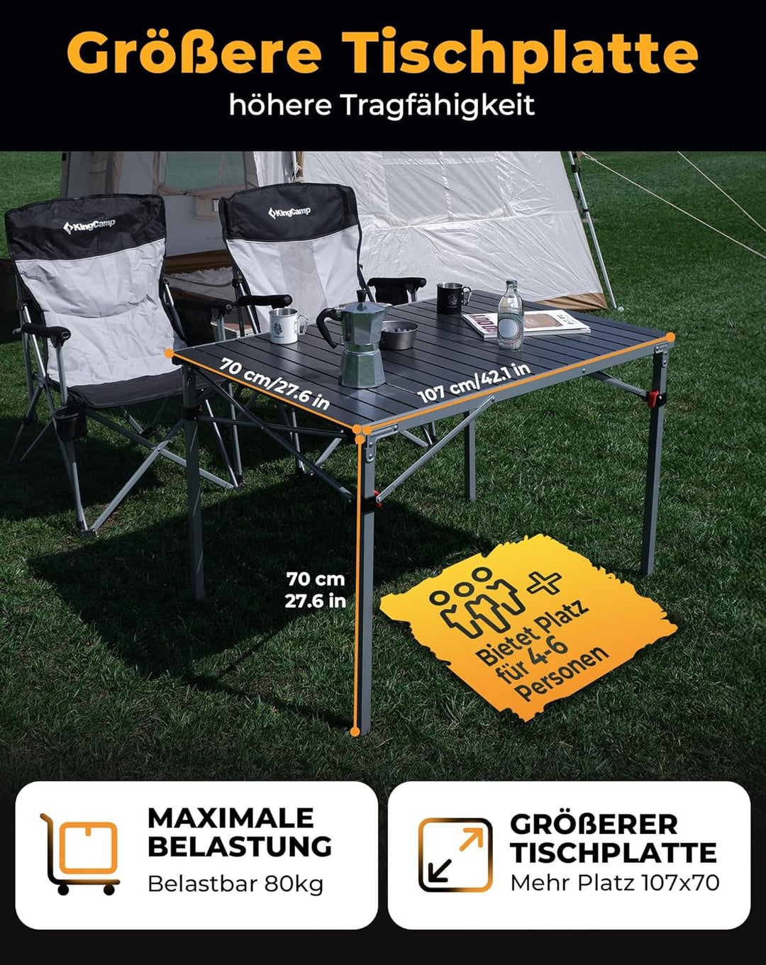 KingCamp Campingtisch Klapptisch Gartentisch Leichtgewicht für 4-6 Personen Silber Schwarz