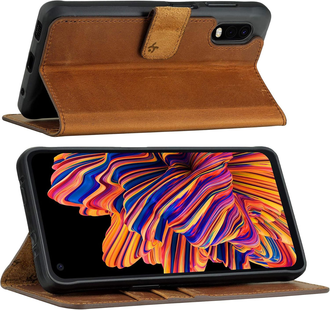 Suncase Book-Style Hülle kompatibel mit Samsung Galaxy Xcover Pro Leder Tasche (Slim-Fit) Lederhülle