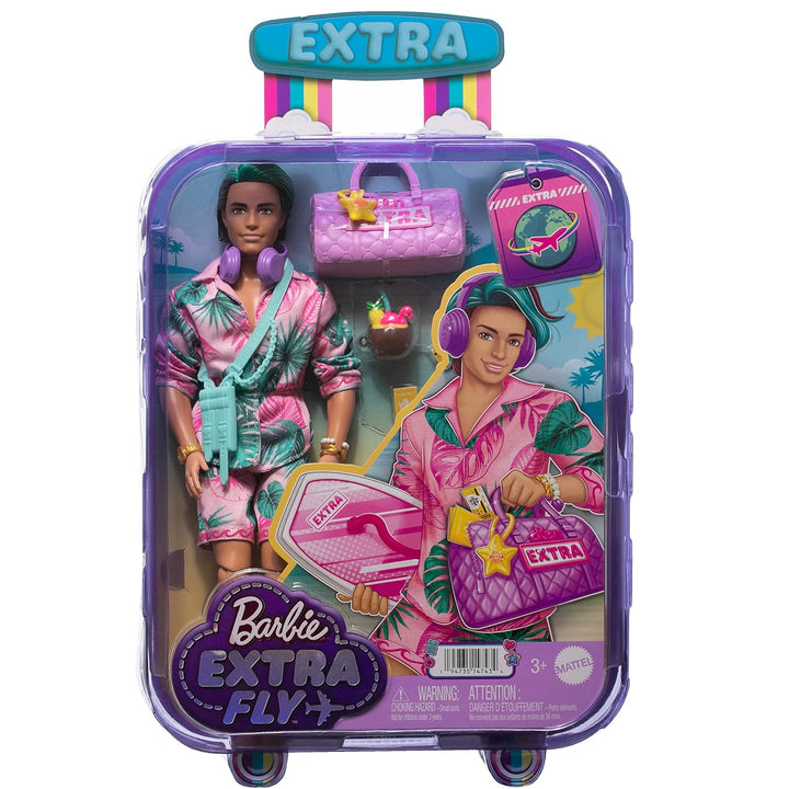 Barbie Extra Fly - Ken Reisepuppe mit tropischem Outfit, Boogie Board, Seesack und Zubehör für kreat