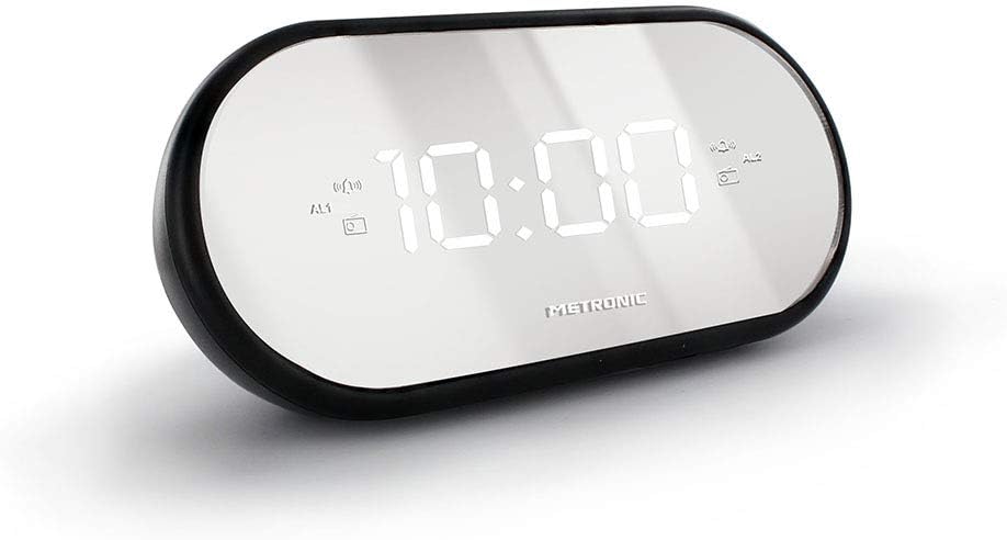 Metronic 477037 FM-Radiowecker, Spiegel, Doppelalarm, mit Sleep/Snooze-Funktion, einstellbare Hellig