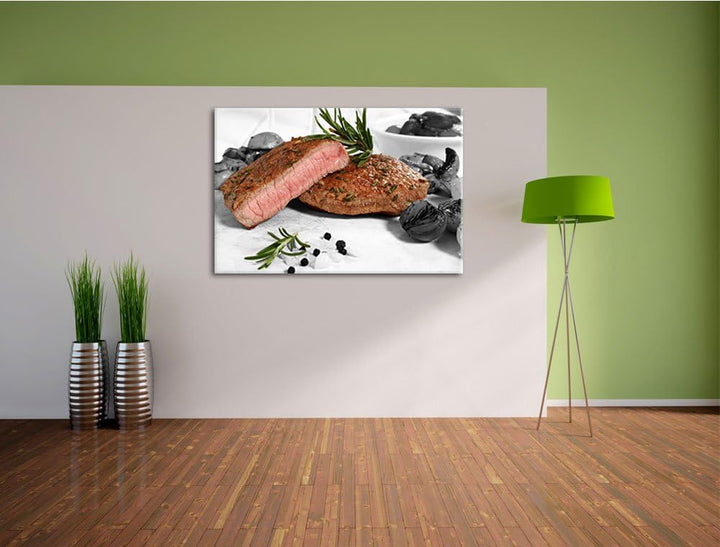 saftiges Medium Steak schwarz/weiss Format: 100x70 auf Leinwand, XXL riesige Bilder fertig gerahmt m