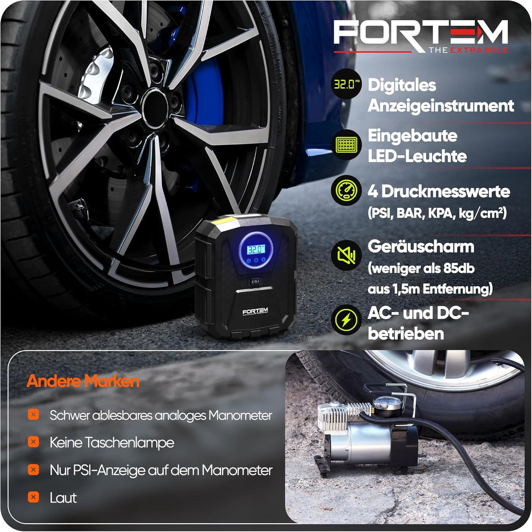 Fortem Tragbarer Kompressor Autoreifen, Kompressor Fahrrad, 12V Autoreifen Pumpe und Fahrradpumpe El