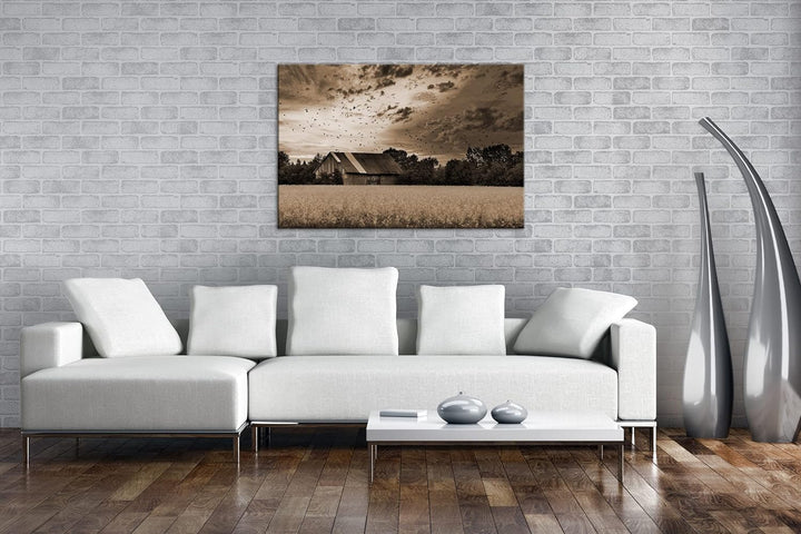 deyoli Scheune am blühendem Feld Effekt: Sepia Format: 60x40 als Leinwandbild, Motiv fertig gerahmt