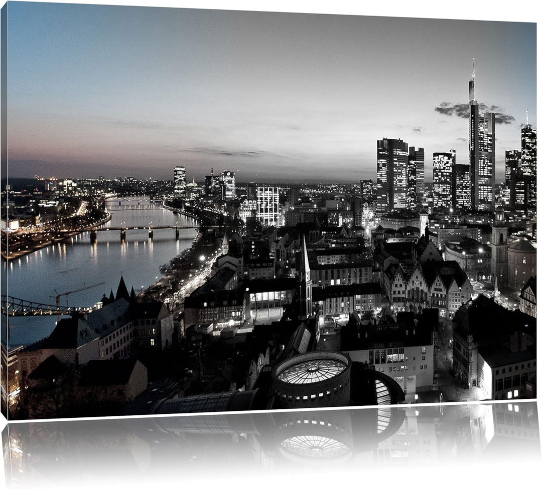Frankfurter Skyline bei Sonnenuntergang schwarz/weiss Format: 100x70 auf Leinwand, XXL riesige Bilde