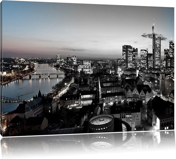 Frankfurter Skyline bei Sonnenuntergang schwarz/weiss Format: 100x70 auf Leinwand, XXL riesige Bilde