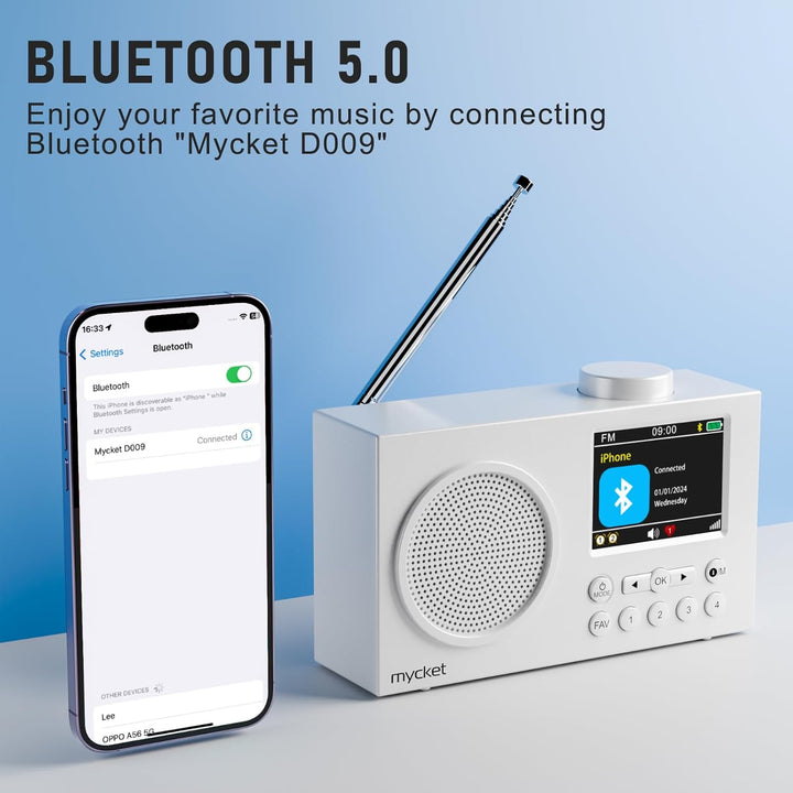 Mycket Portable DAB/DAB+ Radio, FM Digital Radios with Bluetooth, Small Rechargeable Radio, 2.4 Inch