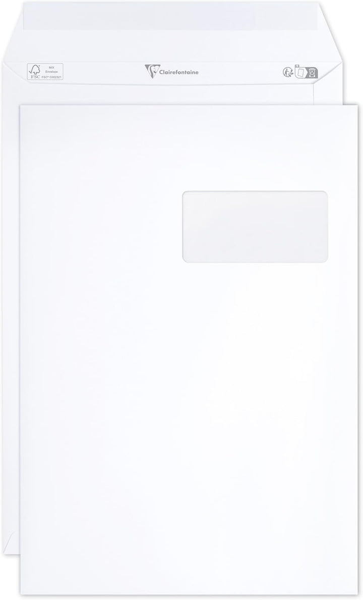 Clairefontaine 10250C - Karton mit 250 Versandtaschen weiss C4-229x324 mm, selbstklebend,120g, mit S