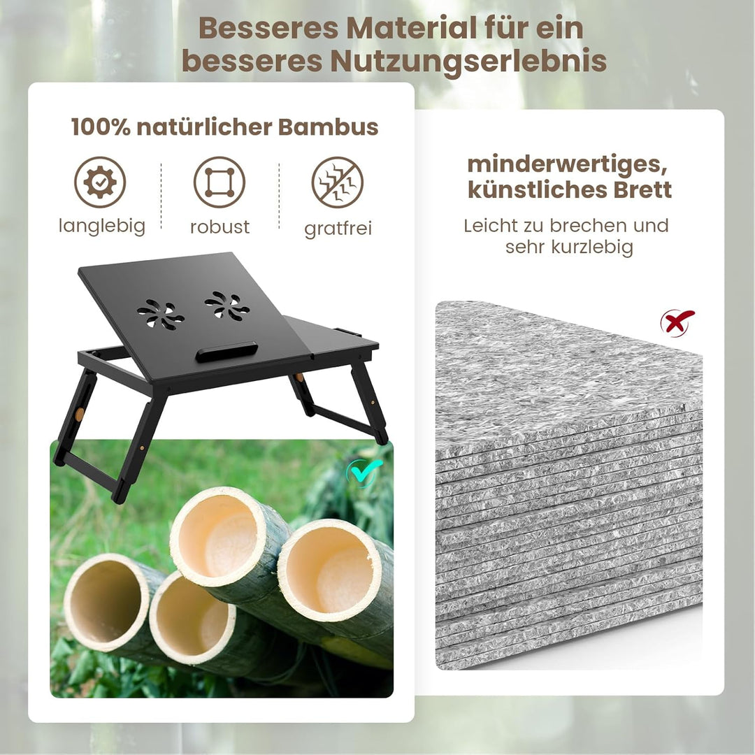 COSTWAY Bambus Laptoptisch klappbar, Notebooktisch höhenverstellbar & neigbar & belüftet, Lapdesk mi