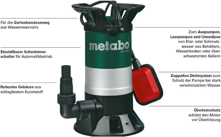 Metabo Schmutzwasser-Tauchpumpe PS 15000 S (0251500000) Karton, Nennaufnahmeleistung: 850 W, Max. Fö