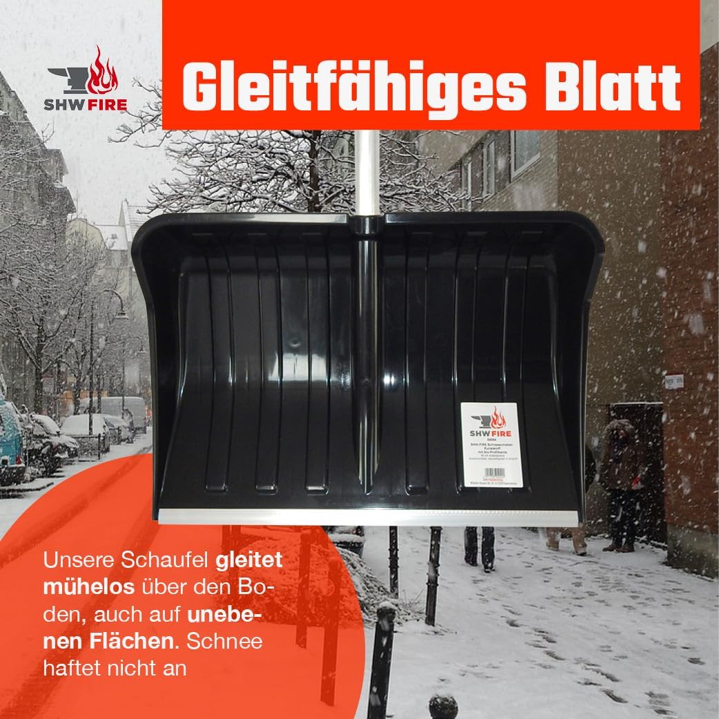 SHW-FIRE Schneeschaufel 55cm breit mit geradem Alu-Stiel 118cm lang - Idealer Schneeschieber für den