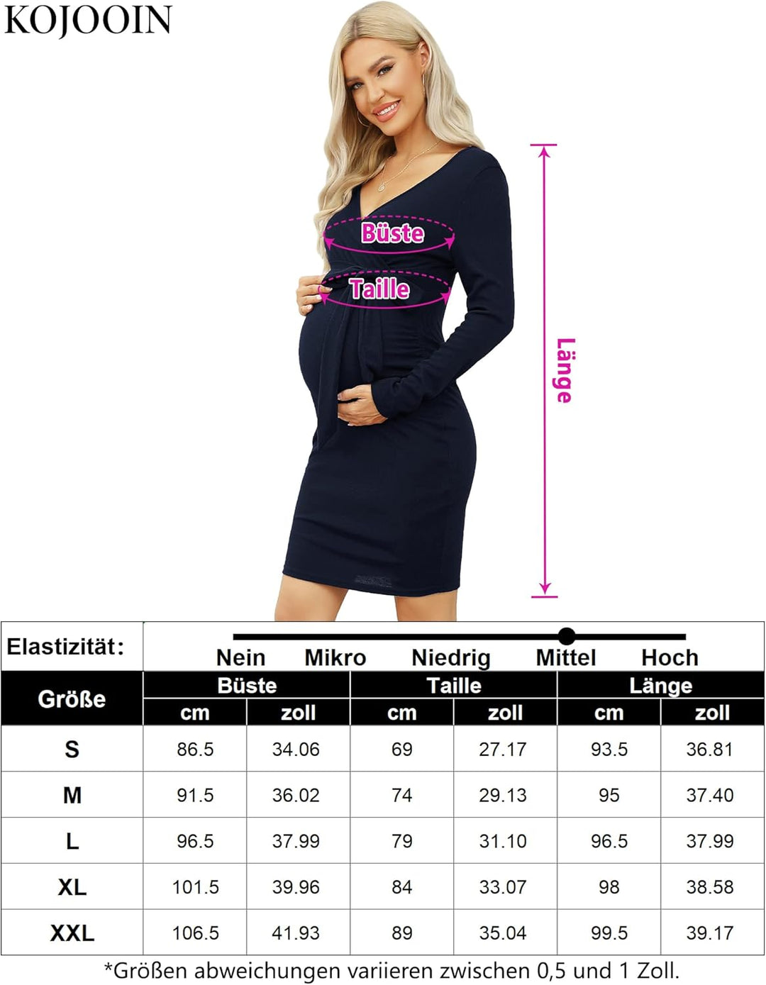 KOJOOIN Damen Umstandskleid Enge Langarm Stillkleid V-Ausschnitt Schwangere Kleider Mutterschaft Sch