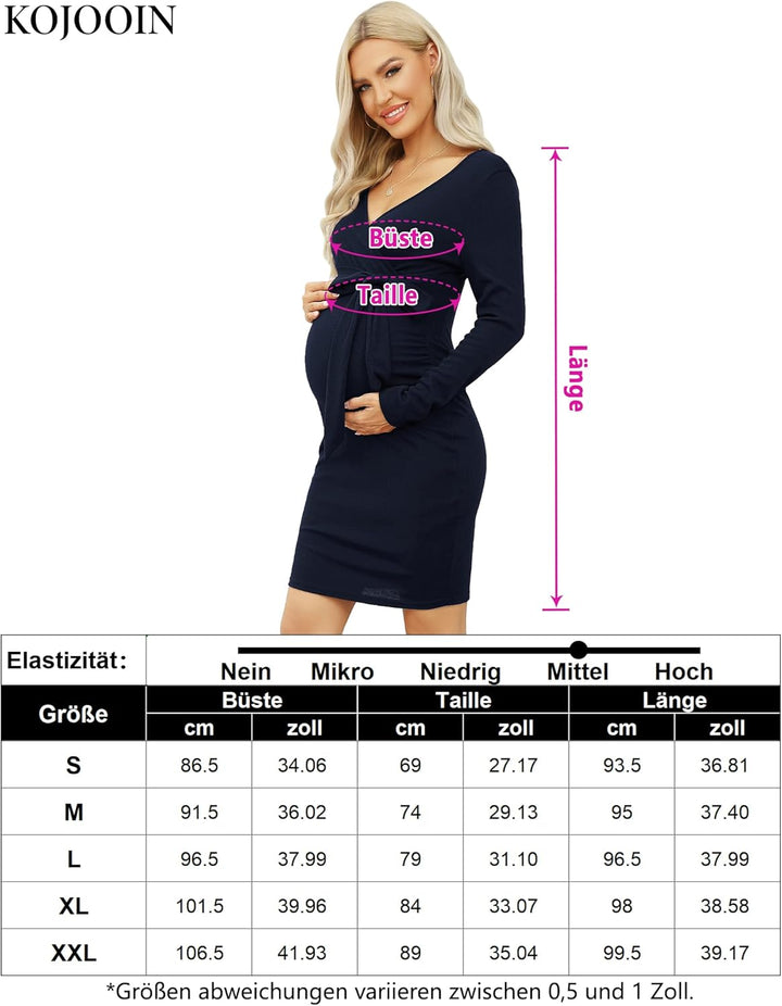 KOJOOIN Damen Umstandskleid Enge Langarm Stillkleid V-Ausschnitt Schwangere Kleider Mutterschaft Sch