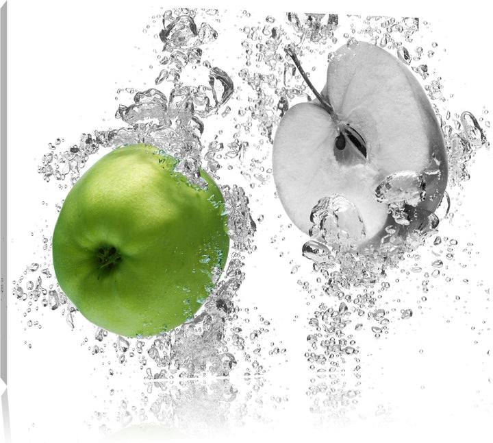 saftig grüne Äpfel im Wasser schwarz/weiss Format: 100x70 auf Leinwand, XXL riesige Bilder fertig ge