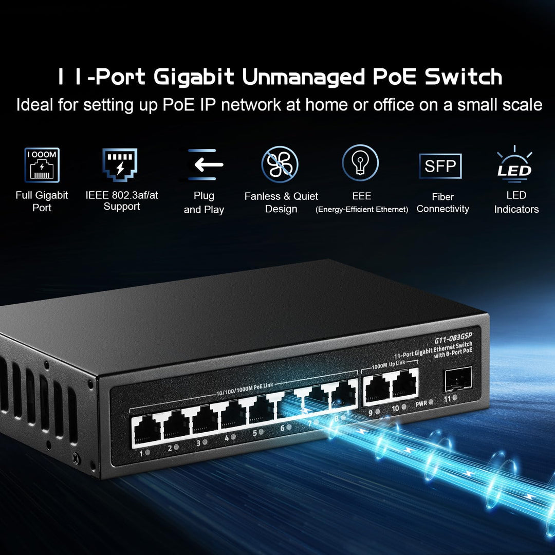 Binardat 11 Port Gigabit POE Switch, 8 POE+ Ports 1000Mbps, 2 Gigabit Uplink, 1 Gigabit SFP, IEEE802