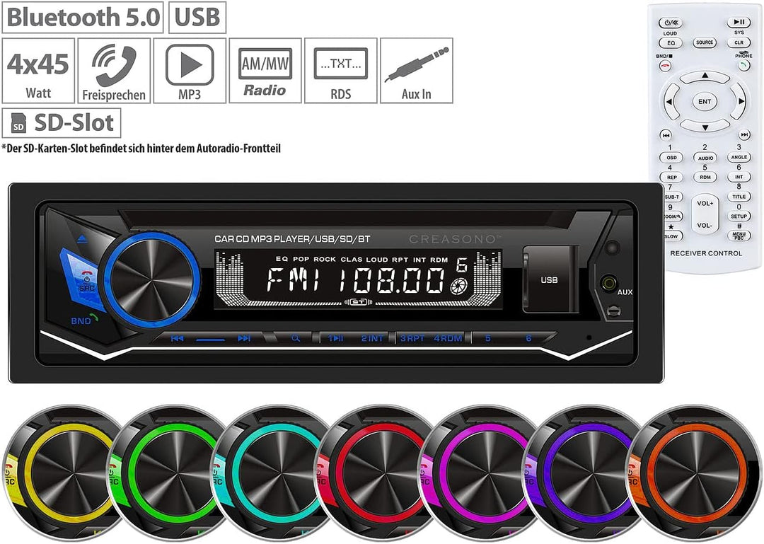 Creasono Autoradio mit CD Player: MP3-Autoradio, CD, Bluetooth, Freisprechfunktion, USB, SD, 4x45W (