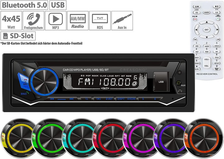 Creasono Autoradio mit CD Player: MP3-Autoradio, CD, Bluetooth, Freisprechfunktion, USB, SD, 4x45W (