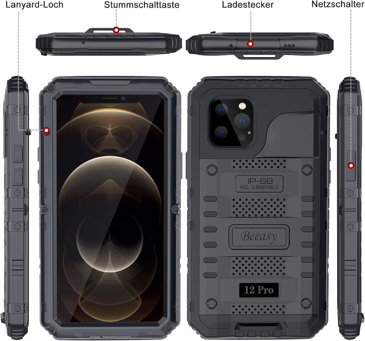 Beeasy für iPhone 12 Pro Wasserdicht Outdoor Hülle (6,1"), Stossfest Panzerhülle Militär 360 Grad Sc
