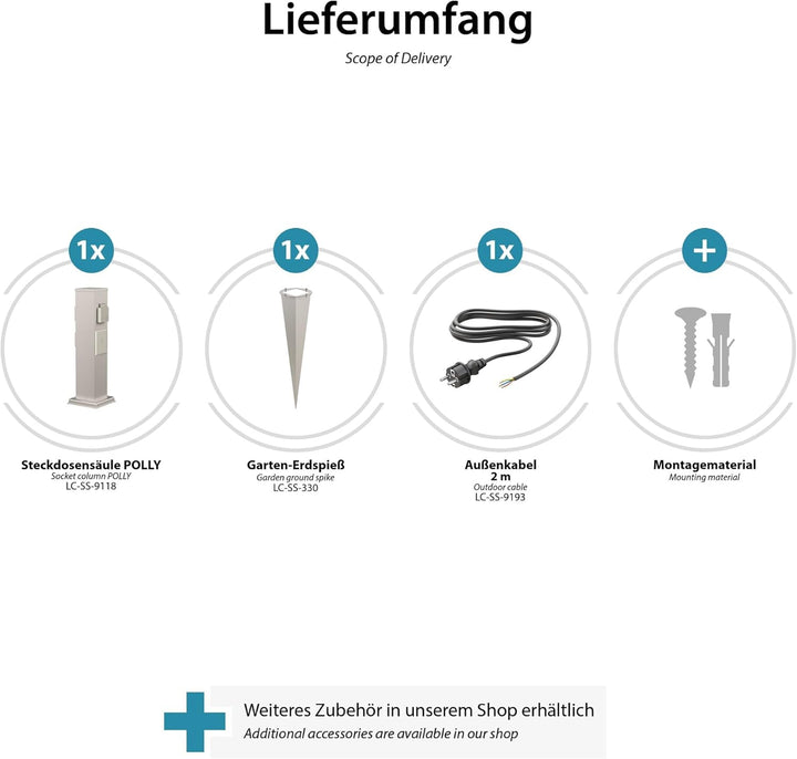 ledscom.de Garten-Steckdosen-Säule Polly mit Erdspiess und 2m Kabel für aussen, 3-Fach, Smart Home,