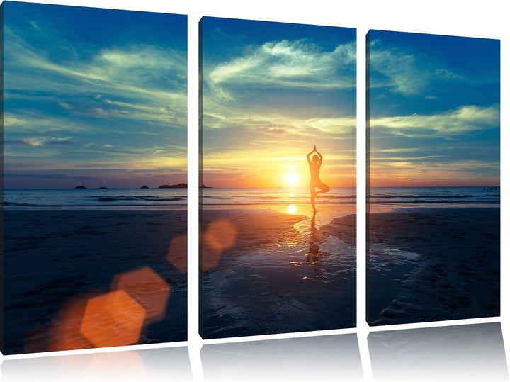 Pixxprint Yoga Silhouette am Strand als Leinwandbild/Grösse: 3 Teilig (120x80) / Wandbild/Kunstdruck