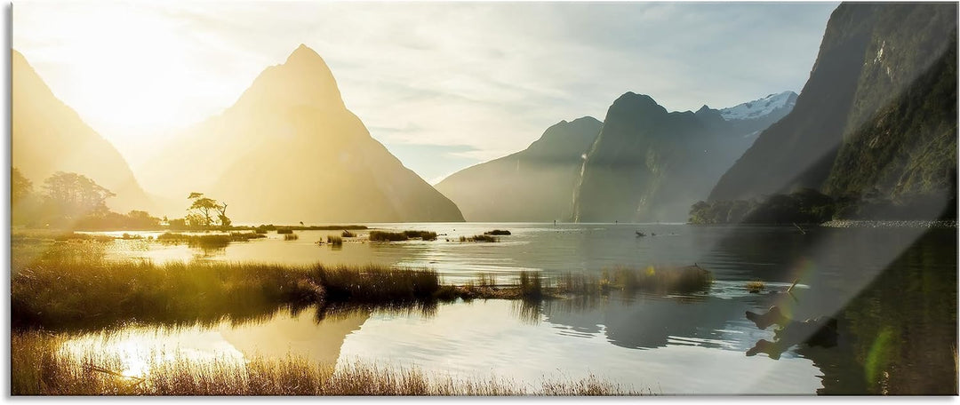 Glasbild Panorama | Wandbild aus Echtglas | Milford Sound Neuseeland | 100x40 cm | inkl. Aufhängung