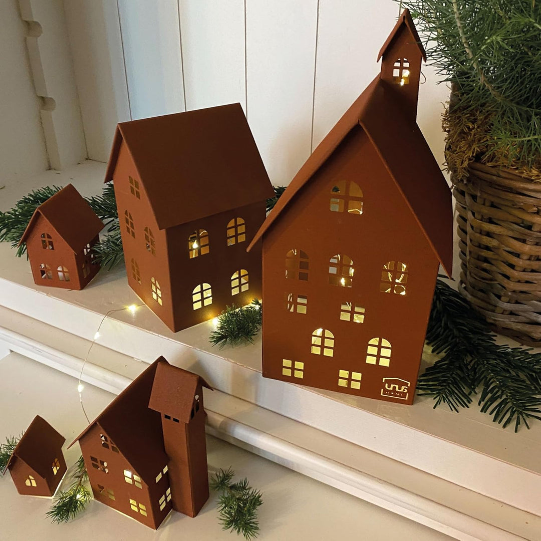 UNUS Deko Häuser 5er Set, Lichthäuser aus Metall für Garten, Terrasse, Balkon oder Zuhause (Rost), R