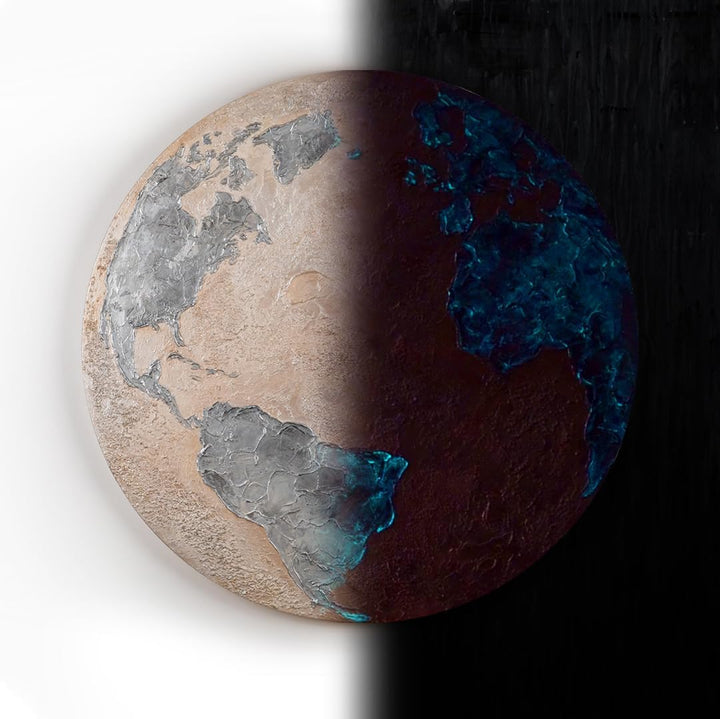 YS-Art Abstrakt Fluoreszierendes leuchtendes Acryl 3D Gemälde auf runder Leinwand Silberner Planet h