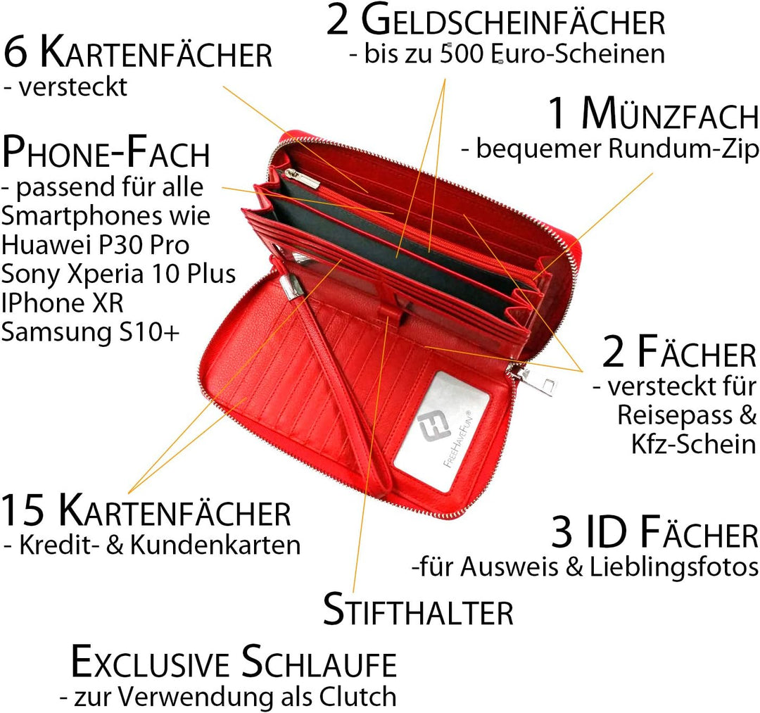 Damen Portemonnaie Leder rot, gross, lang, RFID Schutz, Münzfach, viele Fächer Handyfach - Clutch Ge