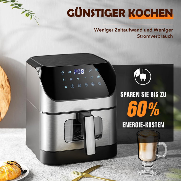 Heissluftfritteuse mit Sichtfenster 8L, Heissluftfritteuse Air Fryer mit Digitalem LED-Touchscreen,