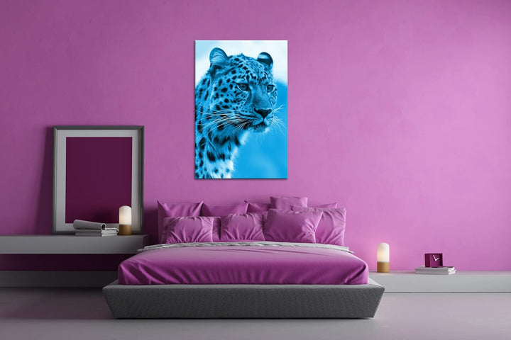 deyoli süsser Leopard Format 80x60 Effekt: Monocrome Blau als Leinwandbild, Motiv fertig gerahmt auf