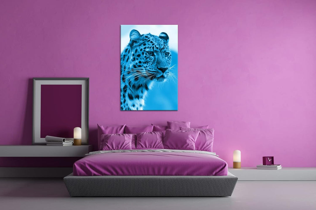 deyoli süsser Leopard Format 80x60 Effekt: Monocrome Blau als Leinwandbild, Motiv fertig gerahmt auf