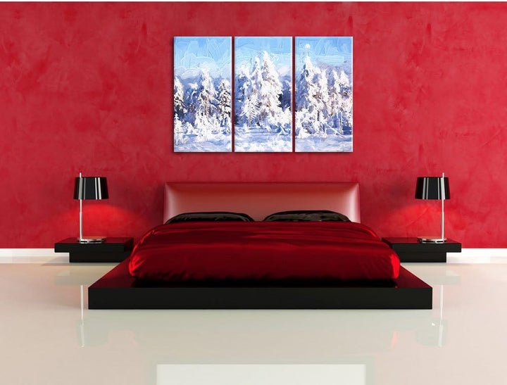Pixxprint Winterwald Pinsel Effekt 3-Teiler Leinwandbild 120x80 Bild auf Leinwand