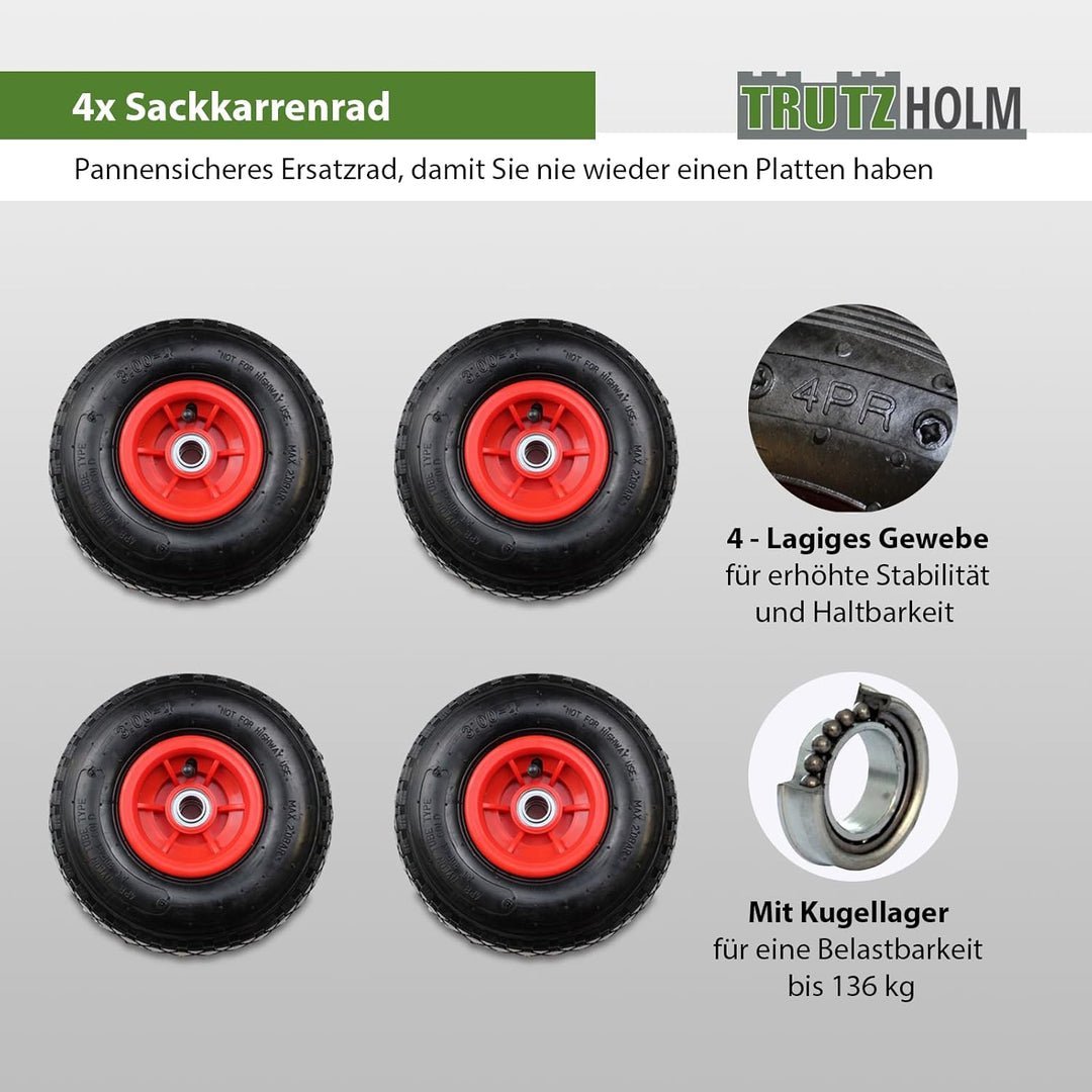 4x TRUTZHOLM Sackkarrenrad 260 x 85 mm 3.00-4 Bollerwagenrad, Luftrad, Ersatzrad, 4PR