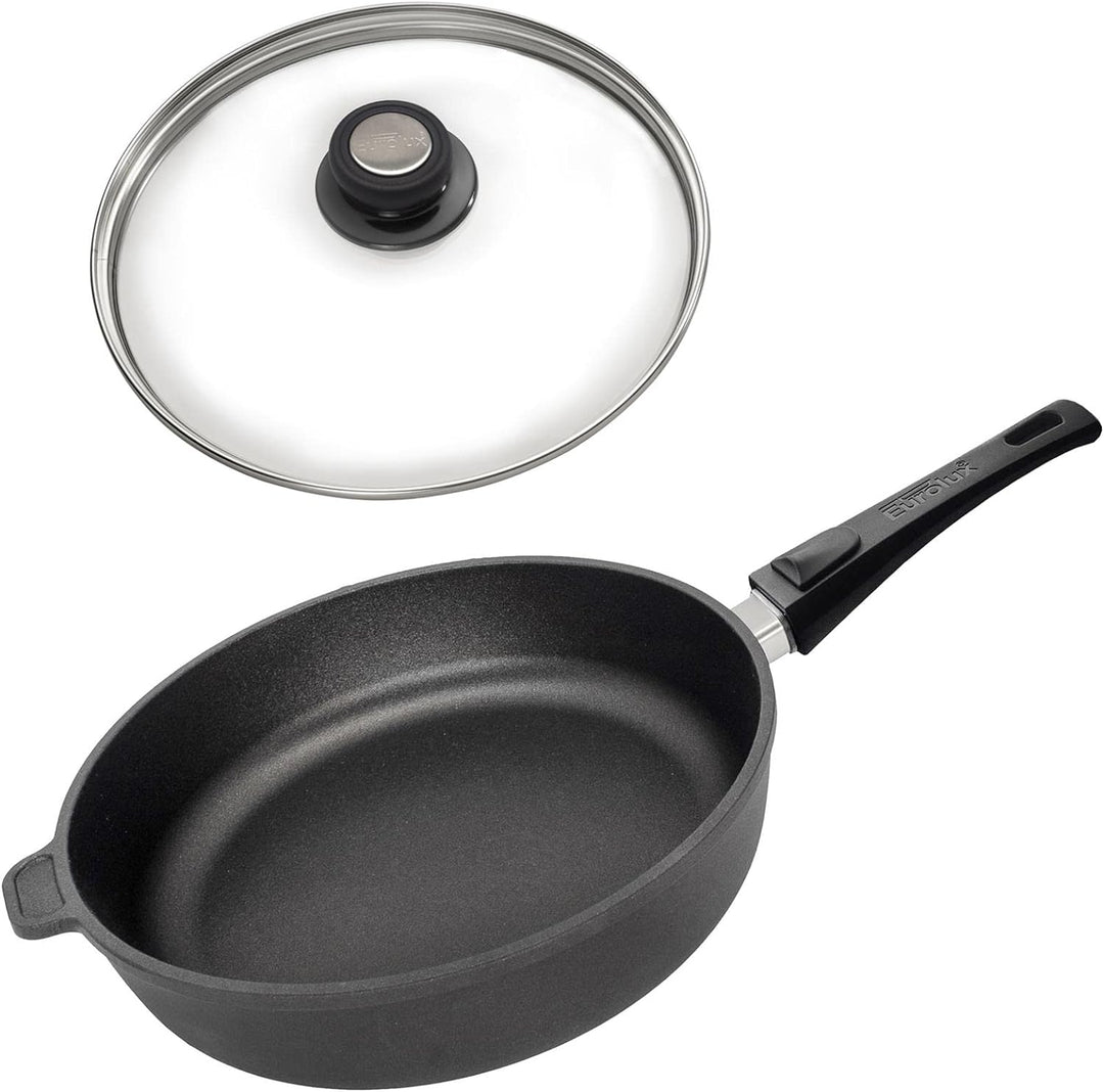Eurolux Guss-Pfanne Induktion Set & Glas-Deckel Ø 28 cm abnehmbarer Griff - hoher Rand 7 cm - Alugus