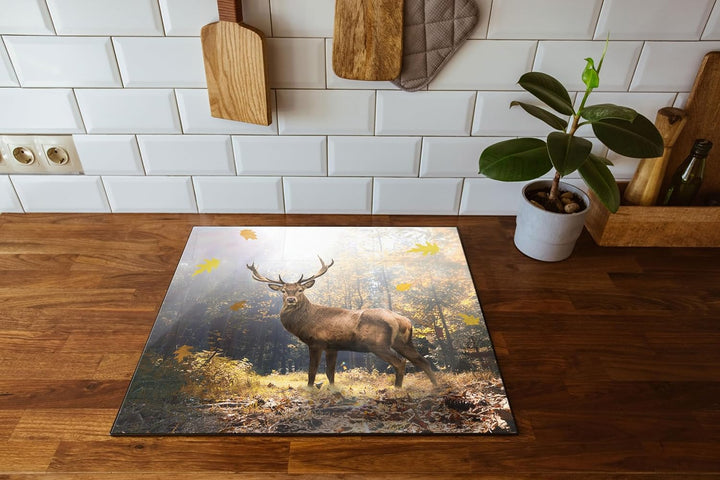 Hirsch im Wald mit fallenden Blättern Herdabdeckplatte & Spritzschutz aus Echtglas | Für Herd-Kochfe
