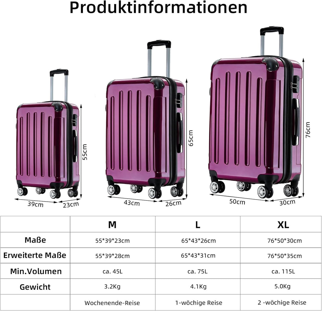 BEIBYE Zwillingsrollen 2048 Hartschale Trolley Koffer Reisekoffer in M-L-XL-Set in 15 Farben (Lila,