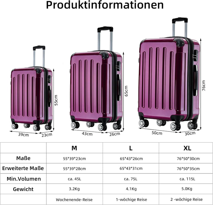 BEIBYE Zwillingsrollen 2048 Hartschale Trolley Koffer Reisekoffer Taschen Gepäck in M-L-XL-Set (Lila